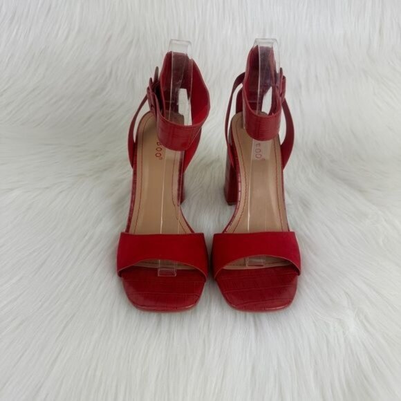 Bamboo Red Milestone Croc Accent Ankle Strap Chunky Block Heel Sandals - Picture 8 of 10